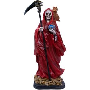 12" Santa Muerte Statue | Our Lady of a Holy Death | Gold-tone, Red, or Brown Robe | Skeleton Statue Holding a Globe and Scythe with a Brown Owl on her shoulder | Home Décor (White)
