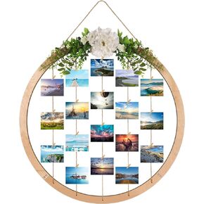 Large Round Wooden Multi Picture Frames - 60CM/23.62" Artificial Flower/Eucalyptus Hanging Display Board Photo Frames Collage Wall Decor, for Spring Mother's Day Grandma Christmas