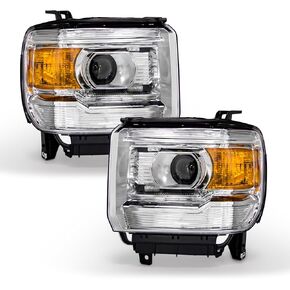 Headlights Assembly Fit for 2014-2018 GMC Sierra 1500 Base/Denali/SLE/SLT/2015-2019 GMC Sierra 2500HD/3500HD Base/Denali/SLE/SLT Chrome Housing Amber Reflector Replacement Driver & Passenger Side