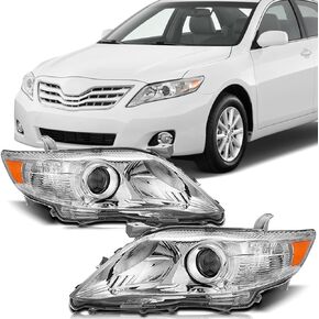Headlights Assembly Fit for 2010 2011 Toyota Camry SE/LE/XLE/Hybrid/Base Sedan Projector Chrome Housing Amber Reflector Clear Lens Pair(Driver and Passenger Side)