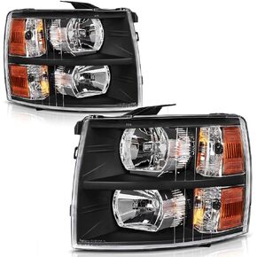 Headlight Assembly for 2007-2013 Chevy Silverado 1500/2007 2008 2009 2010 2011 2012 2013 2014 Chevy Silverado 2500HD 3500HD Chrome Housing Amber Reflector Replacement Pair