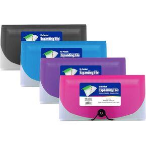 BAZIC Expanding File Folder 13 Pockets, Coupon Size Plastic File Folders w/Color Tabs Pocket, Home Office Supplies, Check Bills Receipts Organizer, 4-Pack