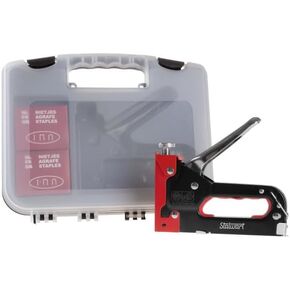 Staple Gun - 3-Way Stapler for Fabrics, Wood, Crafts, Construction, and Bulletin Boards - Staples and Carrying Case Included by Stalwart (Red)
