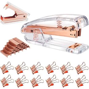 مجموعة دباسة ومزيل دبابيس من الذهب الوردي - لوازم مكتبية من الذهب الوردي مع 1000 دبوس و12 مشبك، وإكسسوارات وديكورات مكتبية فاخرة من الأكريليك الذهبي الوردي in Kuwait