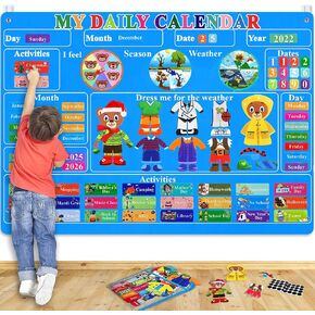Craftstory Preschool Classroom Calendar Circle-Time Learning Center, My Daily for Toddlers Days-of-The-Week with 93 Homeschool Activities, Felt Board Sensory Wall Toys, Fashion, Navy blue