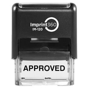 AS-IMP1102R - Approved Stamp with by: & Date:, Red Ink, Heavy Duty Commerical Self-Inking Rubber Stamp, 9/16" x 1-1/2" Impression