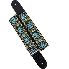 Walker And Williams H-01-MET Vintage Series Blue And Gold Mandala Woven Guitar Strap with Brushed Nickel Hardware And Thick Leather Ends For Acoustic, Electric, And Bass Guitars