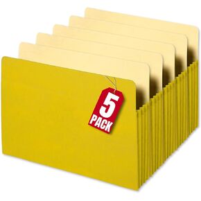1InTheOffice File Jackets, File Jackets Letter Size, File Pocket, Expandable, 3.5" Expansion, Letter Size, Reinforced Straight Cut Tab, Gusset, Yellow, 5 Pack