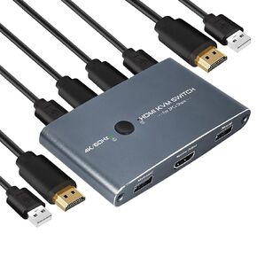 TCNEWCL KVM Switch HDMI 2 Port, Aluminum KVM Switch HDMI, USB Switch for 2 Computers Sharing Mouse Keyboard Printer to 1 HD Monitor, Support 4K@60Hz with 2 HDMI Cables and 2 USB Cables Included