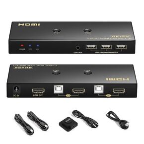 HDMI KVM Switch 2 Port, KVM Switch HDMI 1 Monitors 2 Computers Share USB 2.0 Devices Support 4K@60Hz, 2K@144Hz, 2K@120Hz, with Extension Control Switch and 2 USB Cable