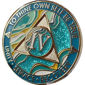 4 Year AA Medallion Elegant Marble Caribbean Aqua Glitter Blue Gold Plated Chip