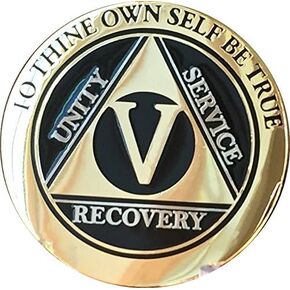 RecoveryChip 5 سنوات AA Medallion رقاقة أنيقة باللون الأسود والذهبي والفضة ومدمني الكحول المجهولين