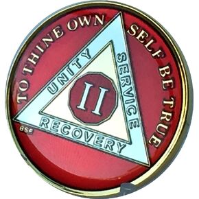 2 Year Mandarin Red Gold & Nickel Tri-Plate AA Alcoholics Anonymous Sobriety Medallion Chip Serenity Prayer
