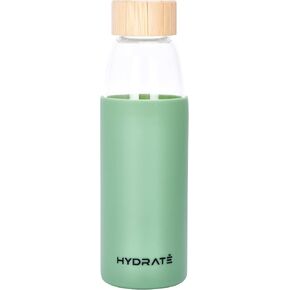 زجاجة مياه زجاجية من هيدرات، 25 أونصة - زجاجات للشرب في صالة الألعاب الرياضية مزودة بغطاء سيليكون مقاوم للانزلاق وغطاء من الخيزران مانع للتسرب - زجاجة رياضية شفافة مصنوعة من زجاج البورسليكات (10 × 3 بوصات، أخضر زيتوني) in Kuwait