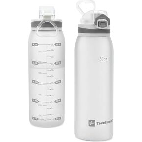 Water Bottle BPA Free Tritan with Time Markers, 30oz Large Durable Gym Plastic Bottle for Fitness, Outdoor Enthusiasts, Leakproof White (Pack of 1)