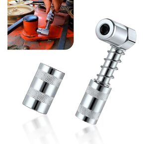 90 Degree Grease Coupler Adapter Kit, 1 PC 3 Jaw Coupler Grease Fitting Tool with Sleeve, Grease Nozzle Adapter for Tight Spaces in Cars, Farms, Trucks (Silver)