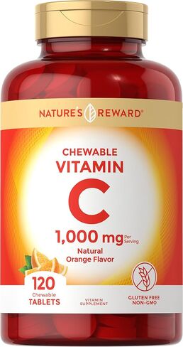 Nature's Reward Vitamin C Chewable Tablets - 1000mg - 120 Count - Orange Flavor - Vegetarian, Non-GMO, Gluten Free Supplement in Kuwait