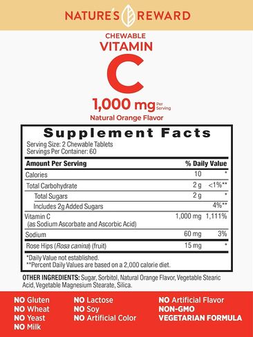 Nature's Reward Vitamin C Chewable Tablets - 1000mg - 120 Count - Orange Flavor - Vegetarian, Non-GMO, Gluten Free Supplement in Kuwait
