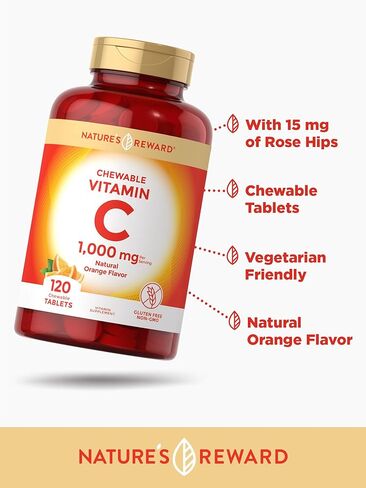 Nature's Reward Vitamin C Chewable Tablets - 1000mg - 120 Count - Orange Flavor - Vegetarian, Non-GMO, Gluten Free Supplement in Kuwait
