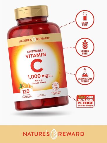 Nature's Reward Vitamin C Chewable Tablets - 1000mg - 120 Count - Orange Flavor - Vegetarian, Non-GMO, Gluten Free Supplement in Kuwait