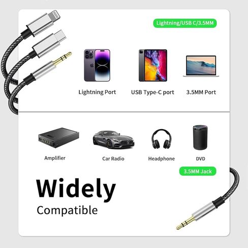 سلك Aux 3 في 1، كابل Lightning إلى 3.5 مم لهاتف iPhone، كابل USB C إلى 3.5 مم، سلك iPhone aux بطول 3.3FT متوافق مع iPhone، iPad، جميع الهواتف المحمولة، السيارة، ستيريو المنزل، مكبر الصوت، سماعة الرأس in Kuwait