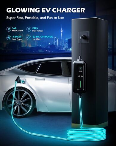 شاحن Orion Motor Tech المستوى 2 و1 EV، شاحن EV محمول مضيء بطول 25 قدمًا. سلك شحن، 110 فولت - 240 فولت، شاحن J1772 EV متوهج 6-16 أمبير مجدول قابل للتعديل، قابس NEMA 6-20 ومحول NEMA 5-15 in Saudi Arabia