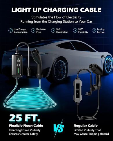 شاحن Orion Motor Tech المستوى 2 و1 EV، شاحن EV محمول مضيء بطول 25 قدمًا. سلك شحن، 110 فولت - 240 فولت، شاحن J1772 EV متوهج 6-16 أمبير مجدول قابل للتعديل، قابس NEMA 6-20 ومحول NEMA 5-15 in Saudi Arabia