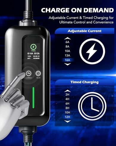 شاحن Orion Motor Tech المستوى 2 و1 EV، شاحن EV محمول مضيء بطول 25 قدمًا. سلك شحن، 110 فولت - 240 فولت، شاحن J1772 EV متوهج 6-16 أمبير مجدول قابل للتعديل، قابس NEMA 6-20 ومحول NEMA 5-15 in Saudi Arabia