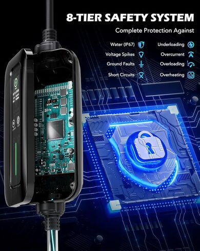 شاحن Orion Motor Tech المستوى 2 و1 EV، شاحن EV محمول مضيء بطول 25 قدمًا. سلك شحن، 110 فولت - 240 فولت، شاحن J1772 EV متوهج 6-16 أمبير مجدول قابل للتعديل، قابس NEMA 6-20 ومحول NEMA 5-15 in Saudi Arabia