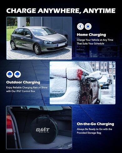 شاحن Orion Motor Tech المستوى 2 و1 EV، شاحن EV محمول مضيء بطول 25 قدمًا. سلك شحن، 110 فولت - 240 فولت، شاحن J1772 EV متوهج 6-16 أمبير مجدول قابل للتعديل، قابس NEMA 6-20 ومحول NEMA 5-15 in Saudi Arabia