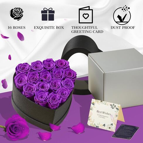 16-Piece Purple Preserved Roses in a Box, Heart Shape Box Forever Flowers Fresh Forever Roses Immortal Roses for Delivery Prime Mother's Day Valentine's Day Wedding Gifts in Saudi Arabia