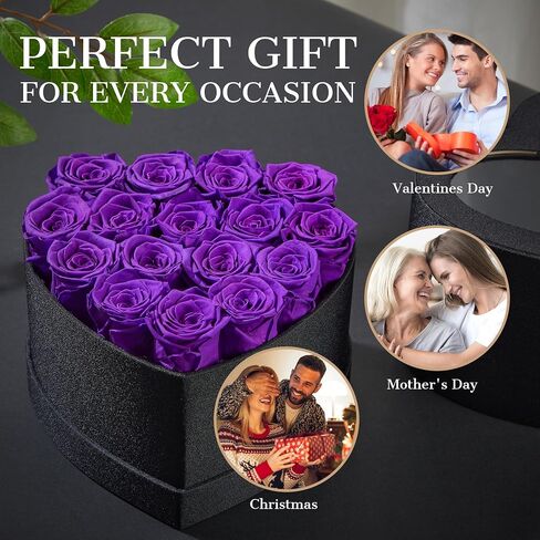 16-Piece Purple Preserved Roses in a Box, Heart Shape Box Forever Flowers Fresh Forever Roses Immortal Roses for Delivery Prime Mother's Day Valentine's Day Wedding Gifts in Saudi Arabia