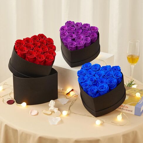 16-Piece Purple Preserved Roses in a Box, Heart Shape Box Forever Flowers Fresh Forever Roses Immortal Roses for Delivery Prime Mother's Day Valentine's Day Wedding Gifts in Saudi Arabia