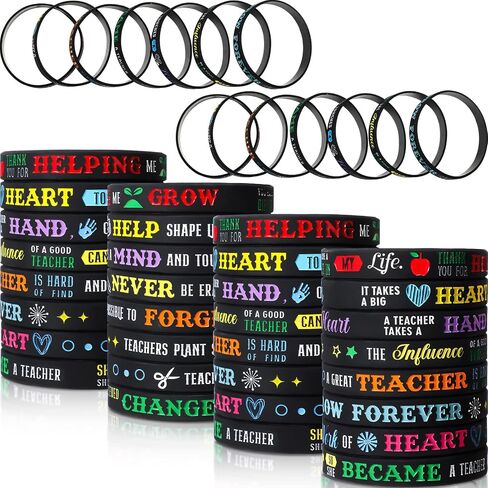 Junkin 32 Pcs Teacher Bracelets for Women Teacher Rubber Inspirational Quote Bracelets Teacher Appreciation Gifts in Bulk Silicone Rubber Wrist Bands for Teacher Thank You Gifts Preschool Men Women in Saudi Arabia