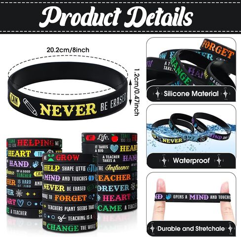 Junkin 32 Pcs Teacher Bracelets for Women Teacher Rubber Inspirational Quote Bracelets Teacher Appreciation Gifts in Bulk Silicone Rubber Wrist Bands for Teacher Thank You Gifts Preschool Men Women in Saudi Arabia