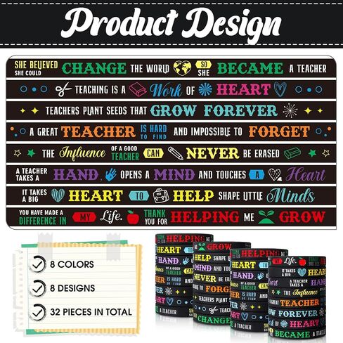 Junkin 32 Pcs Teacher Bracelets for Women Teacher Rubber Inspirational Quote Bracelets Teacher Appreciation Gifts in Bulk Silicone Rubber Wrist Bands for Teacher Thank You Gifts Preschool Men Women in Saudi Arabia