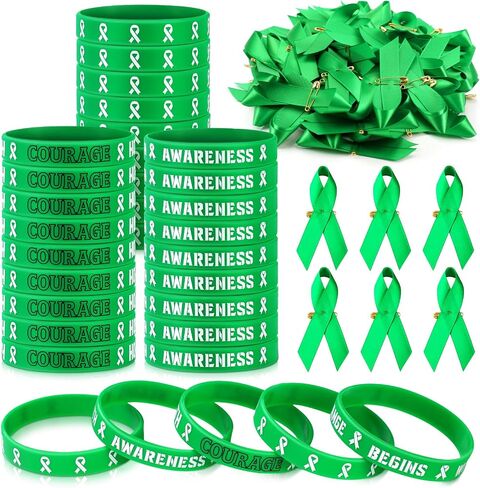 120 Pieces Mental Health Awareness Set include 60 Pieces Silicone Bracelets and 60 Pieces Green Ribbon Satin Pins, Motivational Wristbands Mental Health Awareness Month Gifts for Men Women (60 Set) in Saudi Arabia