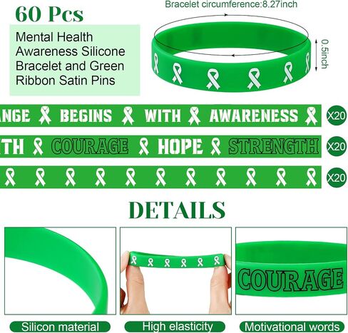 120 Pieces Mental Health Awareness Set include 60 Pieces Silicone Bracelets and 60 Pieces Green Ribbon Satin Pins, Motivational Wristbands Mental Health Awareness Month Gifts for Men Women (60 Set) in Saudi Arabia