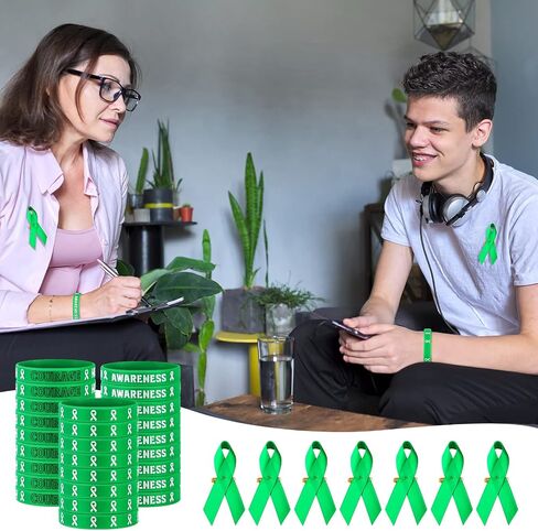 120 Pieces Mental Health Awareness Set include 60 Pieces Silicone Bracelets and 60 Pieces Green Ribbon Satin Pins, Motivational Wristbands Mental Health Awareness Month Gifts for Men Women (60 Set) in Saudi Arabia