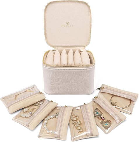 Vlando Small Jewelry Box Organizer,Travel Jewelry Storage with 6 Velvet Jewelry Zipper Pockets,Premium Petal Hardware Jewelry Case for Women Girls Valentines Day Gifts for Self (White) in Saudi Arabia