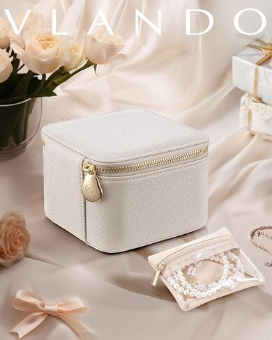 Vlando Small Jewelry Box Organizer,Travel Jewelry Storage with 6 Velvet Jewelry Zipper Pockets,Premium Petal Hardware Jewelry Case for Women Girls Valentines Day Gifts for Self (White) in Saudi Arabia