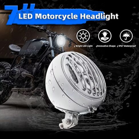 مصباح أمامي للدراجة النارية مقاس 7 بوصات مع قناع، ضوء دائري عتيق مقاس 7 بوصات مناسب عالميًا لـ Harley Cafe Racer Touring Road King Softail Ultra Classic Electra Fatboy - حامل سفلي من الكروم in Kuwait