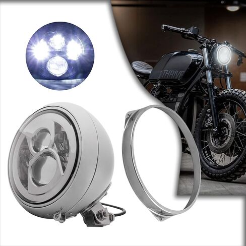 مصباح أمامي للدراجة النارية مقاس 7 بوصات مع قناع، ضوء دائري عتيق مقاس 7 بوصات مناسب عالميًا لـ Harley Cafe Racer Touring Road King Softail Ultra Classic Electra Fatboy - حامل سفلي من الكروم in Kuwait