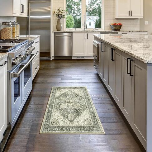 سجادة عداء شرقية قابلة للغسل من Anidaroel - سجادة مطبخ للممرات باللون الأخضر مقاس 2 × 6 سجادة غرفة غسيل منخفضة الوبر غير قابلة للانزلاق، سجادة باب داخلية ناعمة رمي السجاد لغرفة نوم الحمام in Kuwait