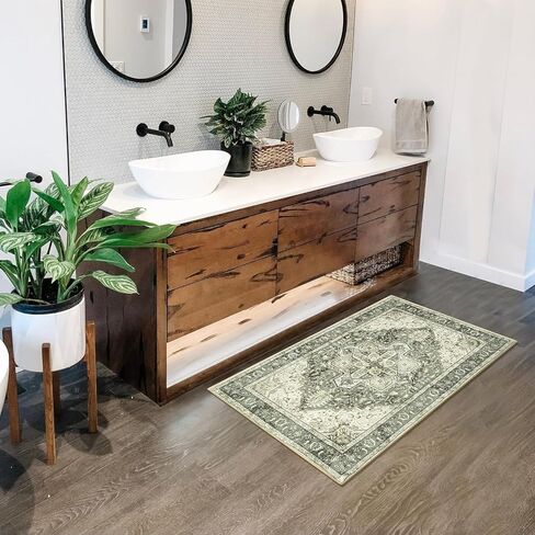 سجادة عداء شرقية قابلة للغسل من Anidaroel - سجادة مطبخ للممرات باللون الأخضر مقاس 2 × 6 سجادة غرفة غسيل منخفضة الوبر غير قابلة للانزلاق، سجادة باب داخلية ناعمة رمي السجاد لغرفة نوم الحمام in Kuwait