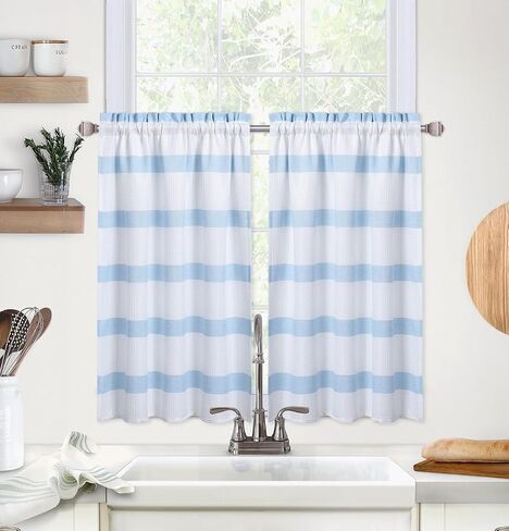 GAOMON Kitchen Curtains Waffle Textured Bathroom Window Curtains 24 Inch Length Light Blue and White Cafe Curtains Striped Short Curtain for Bathroom Bedroom Living Room RV 2 Panels 30''Wx24''L in Saudi Arabia