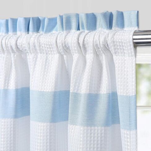 GAOMON Kitchen Curtains Waffle Textured Bathroom Window Curtains 24 Inch Length Light Blue and White Cafe Curtains Striped Short Curtain for Bathroom Bedroom Living Room RV 2 Panels 30''Wx24''L in Saudi Arabia