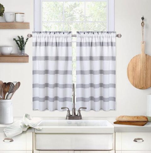 GAOMON Kitchen Curtains Waffle Textured Bathroom Window Curtains 24 Inch Length Light Blue and White Cafe Curtains Striped Short Curtain for Bathroom Bedroom Living Room RV 2 Panels 30''Wx24''L in Saudi Arabia