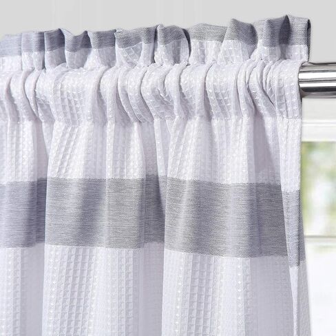 GAOMON Kitchen Curtains Waffle Textured Bathroom Window Curtains 24 Inch Length Light Blue and White Cafe Curtains Striped Short Curtain for Bathroom Bedroom Living Room RV 2 Panels 30''Wx24''L in Saudi Arabia