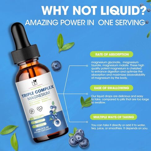 Magnesium Glycinate 500mg, Magnesium taurate, Magnesium Malate, High Absorption Magnesium Triple Complex Supplement, Chelated Magnesium Liquid Drops for Heart, Muscle, Sleep | 2 FI.OZ in Kuwait